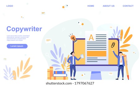 Vector illustration of copywriter. People demonstrating ready text on computer monitor