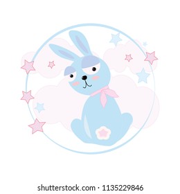 Vector illustration. A coquettish blue rabbit in a pink neck scarf among the clouds.