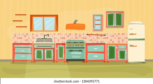 Vector illustration. Coral kitchen interior with furniture: cupboards, fridge, kitchen counter, cooking stove, oven, range exhaust hood, sink; window. Detailed flat, cartoon style vector illustration.