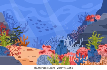 Vector illustration of a coral reef with bright corals, silhouettes of fish, rocks and sand. This tropical underwater landscape showcases aquatic flora and faun