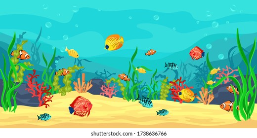 Vector illustration with coral reef, fish and seaweed on a background of blue sea. The concept of underwater marine life. Panoramic underwater world.