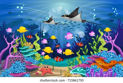 Vector illustration with coral reef and fish. amazing sea-animal illustrations with beautiful underwater scenery