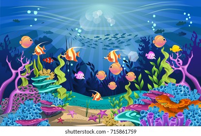 Vector illustration with coral reef and fish. amazing sea-animal illustrations with beautiful underwater scenery