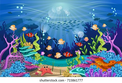 Vector illustration with coral reef and fish. amazing sea-animal illustrations with beautiful underwater scenery