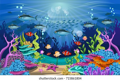 Vector illustration with coral reef and fish. amazing sea-animal illustrations with beautiful underwater scenery