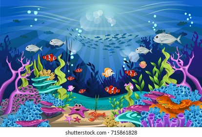 Vector illustration with coral reef and fish. amazing sea-animal illustrations with beautiful underwater scenery