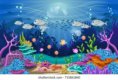 Vector illustration with coral reef and fish. amazing sea-animal illustrations with beautiful underwater scenery