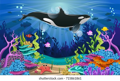 Vector illustration with coral reef and fish. amazing sea-animal illustrations with beautiful underwater scenery