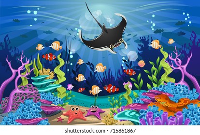Vector illustration with coral reef and fish. amazing sea-animal illustrations with beautiful underwater scenery