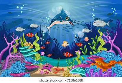 Vector illustration with coral reef and fish. amazing sea-animal illustrations with beautiful underwater scenery