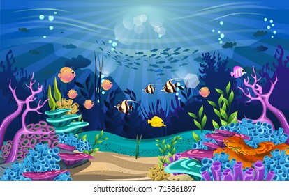 Vector illustration with coral reef and fish. amazing sea-animal illustrations with beautiful underwater scenery