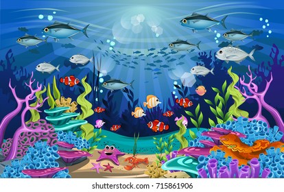 Vector illustration with coral reef and fish. amazing sea-animal illustrations with beautiful underwater scenery