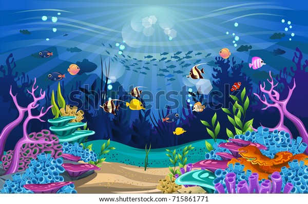 珊瑚礁と魚のベクターイラスト 美しい水中景色を持つ驚くべき海獣のイラスト のベクター画像素材 ロイヤリティフリー 715861771