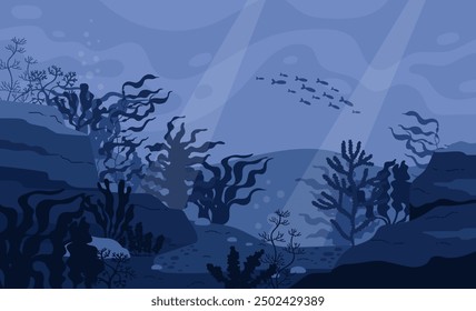 Vector illustration of a coral reef at night with silhouettes of corals, fish and sand. This tropical underwater landscape showcases the beauty of flora and fauna