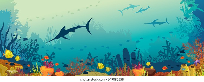 Vector illustration with coral reef, school of fish and silhouette of marlin fish on a blue sea background. Underwater marine life. Panoramic underwater seascape.