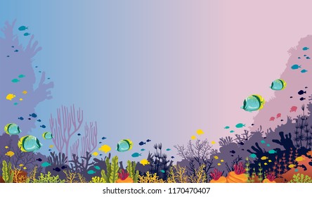 Vector illustration with coral reef and tropical fishes on a sea background. Underwater nature and marine wildlife.