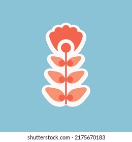 Vector illustration with a coral simple geometric flower on a stem with foliage on a blue background. Retro floral card in seventies style.