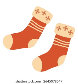 Vector illustration of coral-colored Christmas socks decorated with snowflakes. Cozy festive winter wear in flat cartoon style, perfect for holiday designs, decorations, and seasonal graphics.