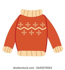 Vector illustration of a coral-colored Christmas sweater decorated with snowflakes. Cozy festive winter clothing in flat cartoon style, perfect for holiday designs, icons, and seasonal graphics.