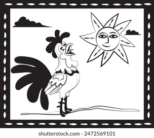 vector illustration in cordel style of a rooster crowing. traditional art in Brazil.