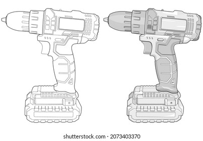 Vector illustration of cordless drill on white background for logotype, icon, banner, tag. Professional power tools for home, construction and finishing work.