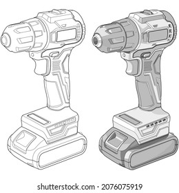 Ilustración vectorial del taladro inalámbrico. Herramientas eléctricas profesionales para obras de construcción y acabado. El taladro inalámbrico está destinado a la conducción y aflojamiento de tornillos, así como a la perforación.