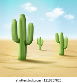 Vector illustration of cordon cactus or pachycereus pringlei in desert landscape on blue cloudy sky background svg