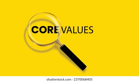 Vector illustration of Core values word lettering typography with magnifying glass zooming the word Core values on isolated yellow background.