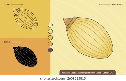 Vector illustration of coriander seed in outline, silhouette, and semi-realistic styles. Editable EPS, perfect for Eid cuisine, kitchen spices, herbal design, or culinary icons.
