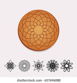 Vector illustration of cork beer coaster with circular flower ornament