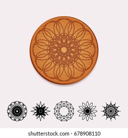 Vector illustration of cork beer coaster with circular flower ornament