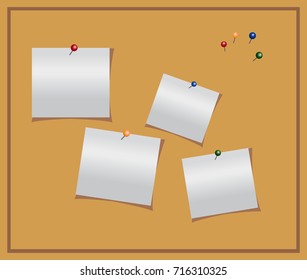 A vector illustration - a cork notice board with pinched pieces of paper with pin.