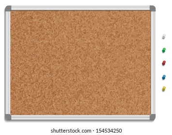 Vector illustration of corkboard with colored pins.