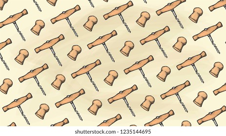 Vector Illustration of Corkscrew and Cork Vintage Sketch Style Pattern