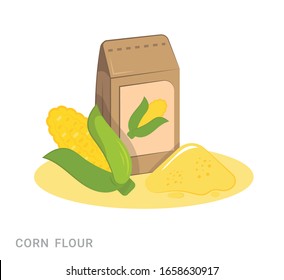 Vector illustration of corn and bag with flour. Food additive on a white background.