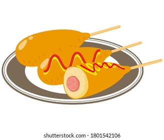 Ilustración vectorial de un perro de maíz con mostaza y salsa de ketchup . En Japón se llama American Dock