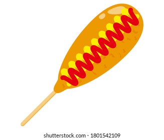 Vector illustration of a corn dog with mustard and ketchup sauce . In Japan it is called American Dock