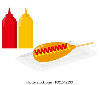 Vector illustration of a corn dog with mustard and ketchup sauce . In Japan it is called American Dock