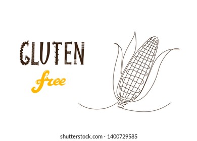 vector illustration with a corn drawn in one line, augmented with Gluten free sign. thematic image