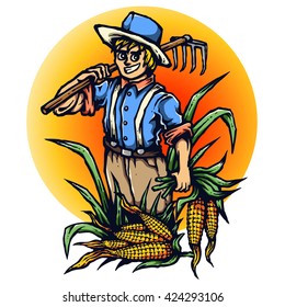 Vector Illustration of Corn Farmer With Sunrise Background
