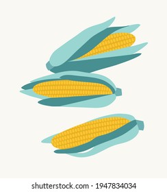 Vector illustration of corn. Set of three corn isolated on a beige background. Hand-drawn corn in flat style. Illustration of vegetables. Suitable for illustrating healthy eating, recipes, local farm.