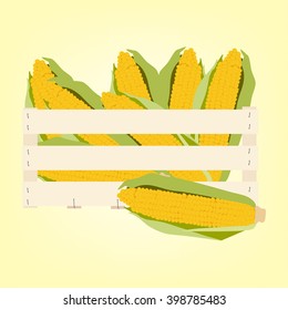 Vector illustration corncobs with leaves in vegetable wooden box. Corn box. Fresh vegetables