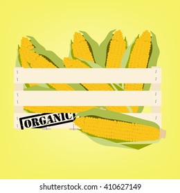 Vector illustration corncobs with leaves in vegetable wooden box with stamp organic. Corn box. Fresh vegetables