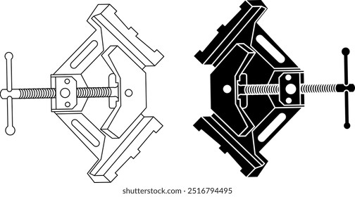 Ilustración vectorial de la herramienta de abrazadera de esquina para proyectos de bricolaje y carpintería - Línea de arte en blanco y negro