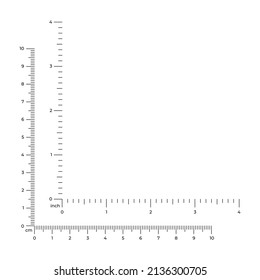 Vector illustration of corner rulers from 0 to 4 inches and from 0 to 10 cm isolated on white background. Set of measure instrument lines in flat style. Vertical and horizontal measuring scales.