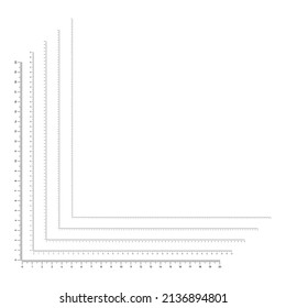 Ilustración vectorial de las reglas de esquina de 0 a 20, 40, 60, 80 y 100 cm aisladas en fondo blanco. Conjunto de líneas de instrumentos de medida en estilo plano. Escalas de medición vertical y horizontal.