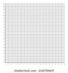 Vector illustration of corner rulers from 0 to 20 cm isolated on white background. Blue plotting graph paper grid. Vertical and horizontal measuring scales. Millimeter graph paper grid template.