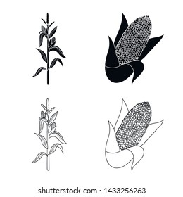 Vector illustration of cornfield and vegetable sign. Set of cornfield and vegetarian stock vector illustration.