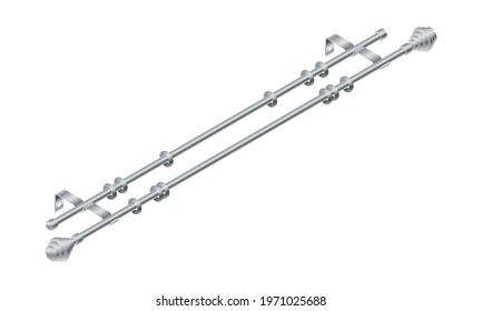 Vector illustration cornice for curtains isolated on white background. Realistic metal curtain rod  and accessories icon in flat cartoon style. New curtain pole with rings for interior design.