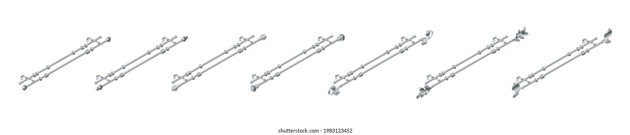 Cornisa vectorial para cortinas aisladas en fondo blanco. Conjunto de barras de cortinas metálicas realistas e iconos de accesorios en estilo de dibujos animados planos. Nueva cortina con anillos para el diseño interior.